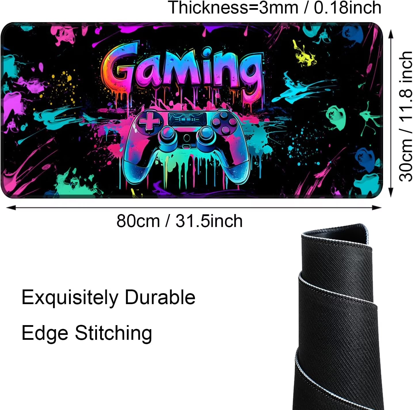 Gaming Mouse Pad, X-Large Waterproof Blacklight Colorful Splatter Art Game Controller Non-Slip Rubber Base Mousemat, Glow in the Dark Desk Mat for Office Home - 31.5" X 11.8"