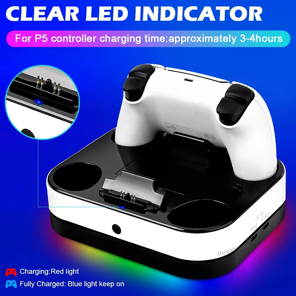 RGB Controller Dual Charging Station for PS5 Dual Fast Charger LED Indicator Charging Stand Base Docking Station for PS5 Gamepad