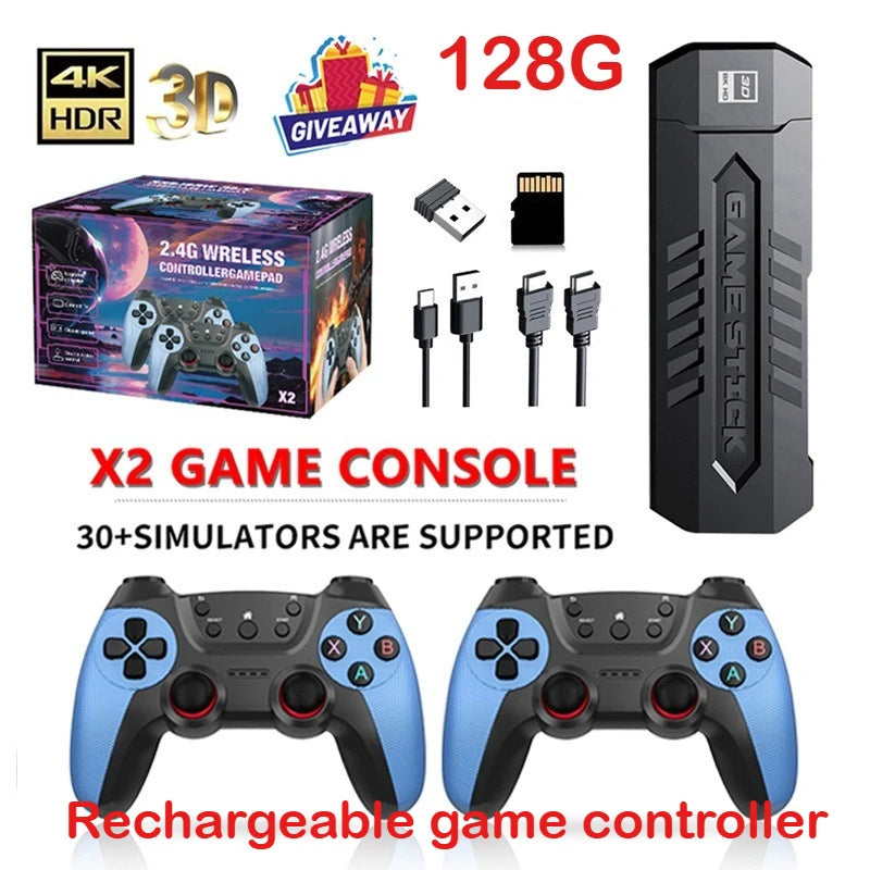 X2 Retro Game Stick 4K Video Game Console 40000+ Games,30+ Emulators,Hd Output 2 Wireless Controllers,Plug and Play,Tv/Computer