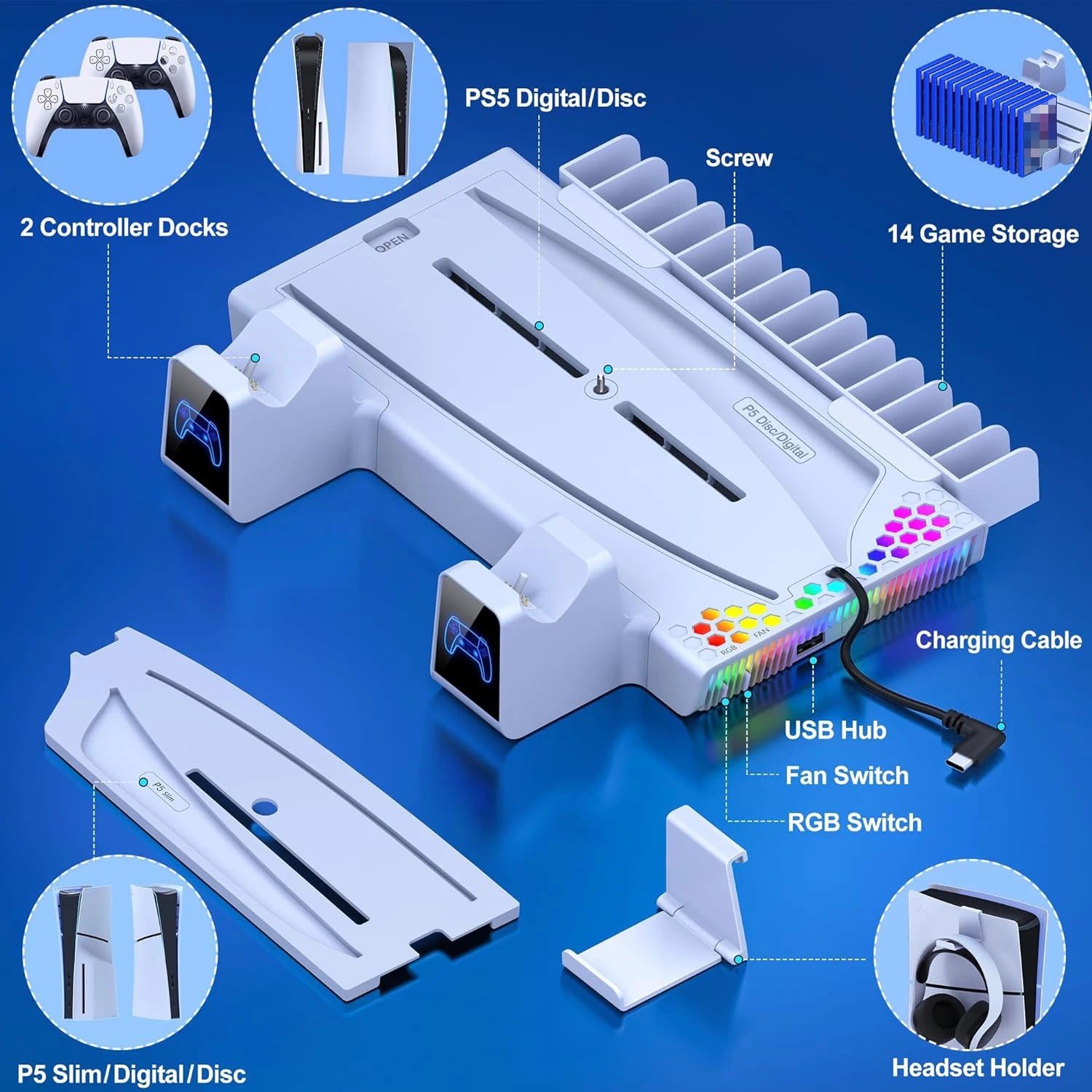 Multifuctional Cooling&Charging Station DZ505A for PS5 Digital&Disc/Ps5 Slim with 2 Charging Ports, 3 Speed Cooler Fan