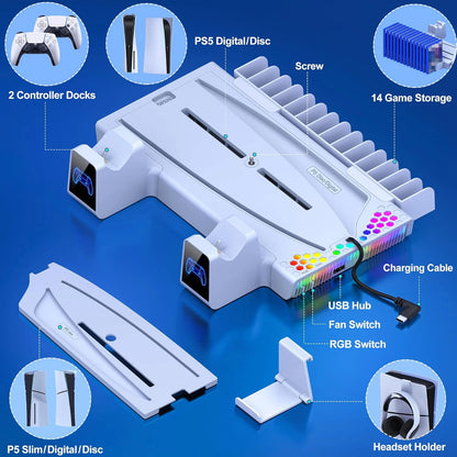 Multifuctional Cooling&Charging Station DZ505A for PS5 Digital&Disc/Ps5 Slim with 2 Charging Ports, 3 Speed Cooler Fan