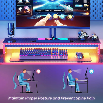 U-Shaped Gaming Desk with Monitor Stand, LED Lights, Headphone Hooks, Cup Holder, 31.5 X 59 In, Carbon Fiber Black