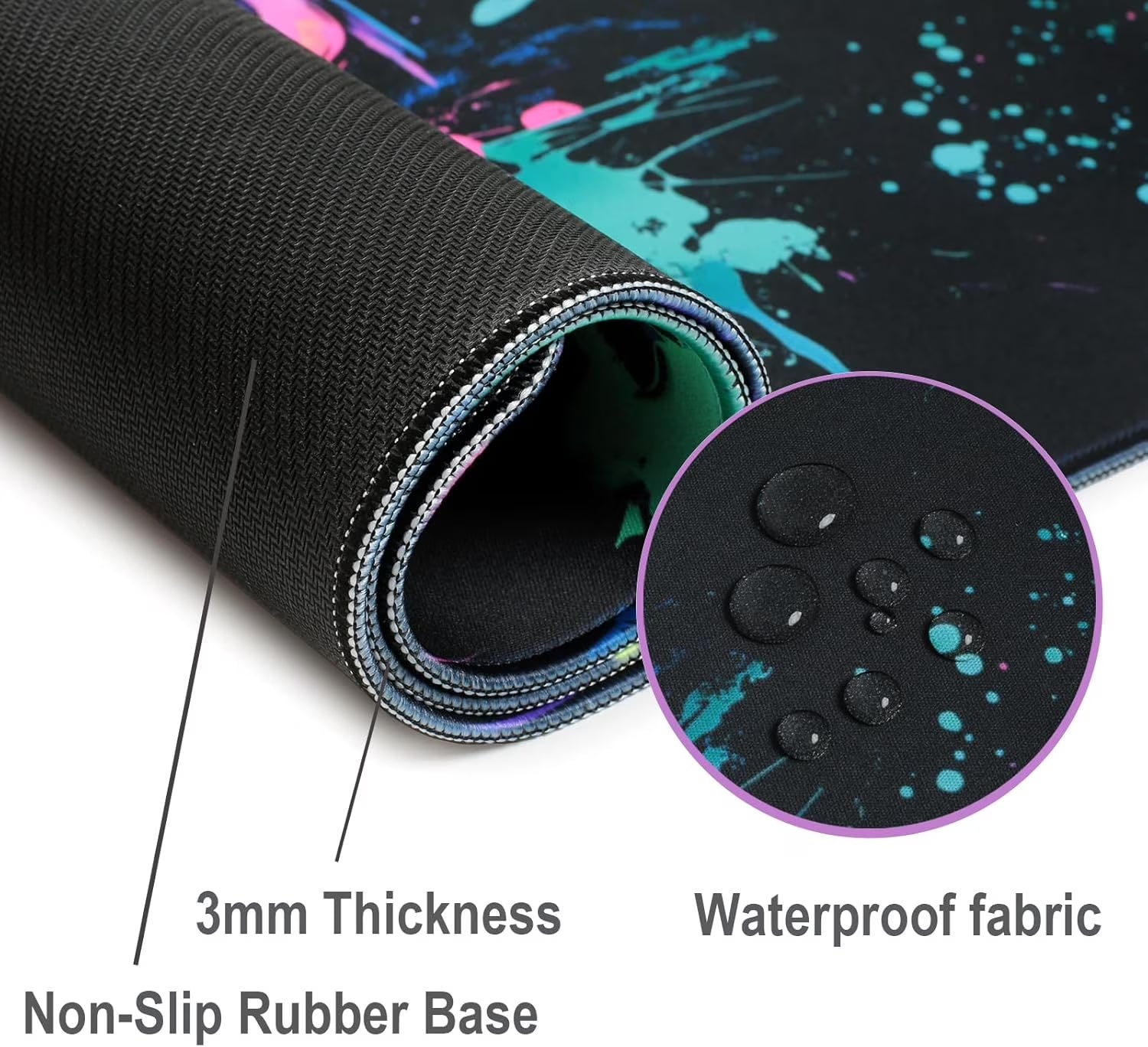 Gaming Mouse Pad, X-Large Waterproof Blacklight Colorful Splatter Art Game Controller Non-Slip Rubber Base Mousemat, Glow in the Dark Desk Mat for Office Home - 31.5" X 11.8"