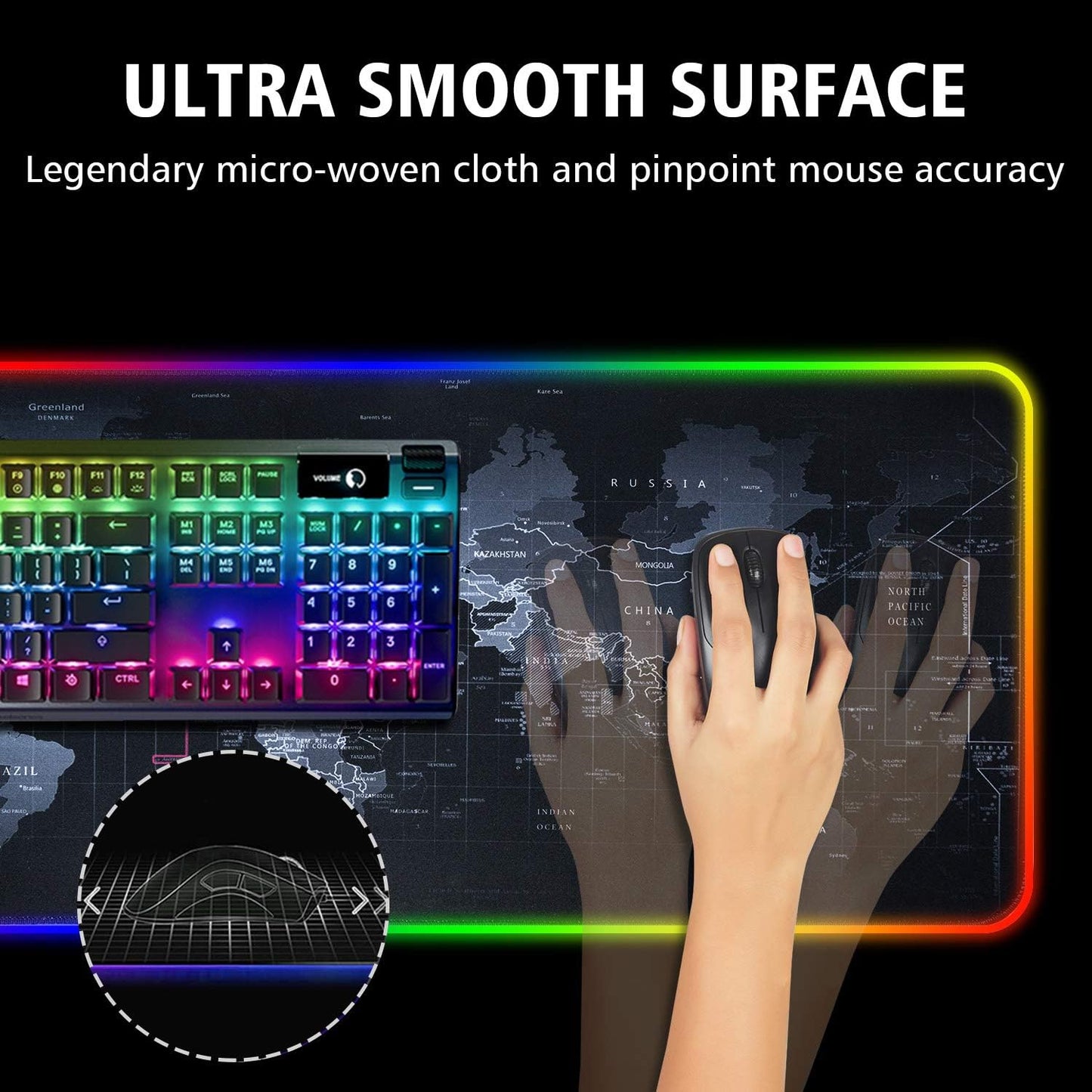 RGB Gaming Mouse Pad, Ultra Bright LED Light&Soft Large Extended Mousepad with 12 Lighting Rainbow Modes, Water Resistance, Non-Slip Rubber Base Keyboard Pad Mat, 31.5 X12 Inch (World Map)