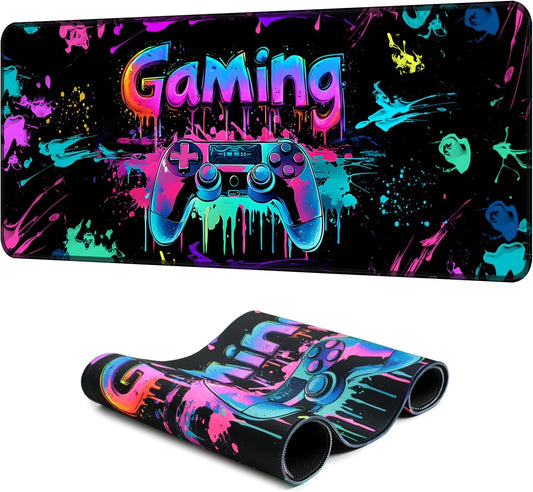 Gaming Mouse Pad, X-Large Waterproof Blacklight Colorful Splatter Art Game Controller Non-Slip Rubber Base Mousemat, Glow in the Dark Desk Mat for Office Home - 31.5" X 11.8"