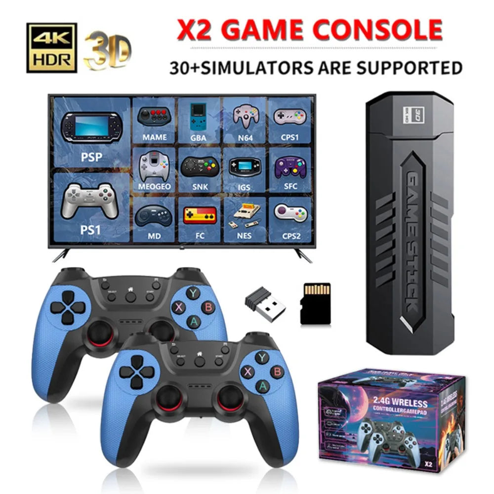 X2 Retro Game Stick 4K Video Game Console 40000+ Games,30+ Emulators,Hd Output 2 Wireless Controllers,Plug and Play,Tv/Computer