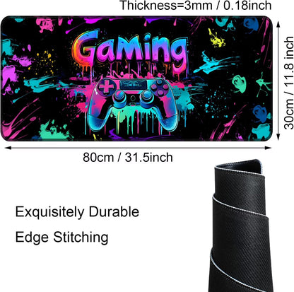 Gaming Mouse Pad, X-Large Waterproof Blacklight Colorful Splatter Art Game Controller Non-Slip Rubber Base Mousemat, Glow in the Dark Desk Mat for Office Home - 31.5" X 11.8"