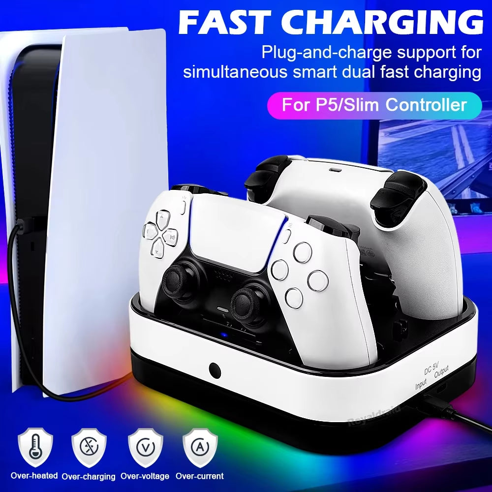 RGB Controller Dual Charging Station for PS5 Dual Fast Charger LED Indicator Charging Stand Base Docking Station for PS5 Gamepad