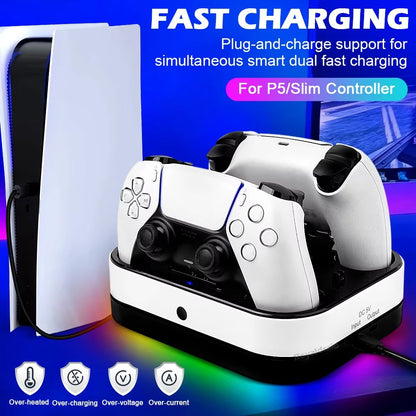 RGB Controller Dual Charging Station for PS5 Dual Fast Charger LED Indicator Charging Stand Base Docking Station for PS5 Gamepad