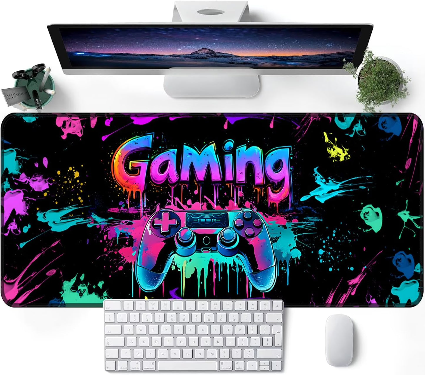 Gaming Mouse Pad, X-Large Waterproof Blacklight Colorful Splatter Art Game Controller Non-Slip Rubber Base Mousemat, Glow in the Dark Desk Mat for Office Home - 31.5" X 11.8"