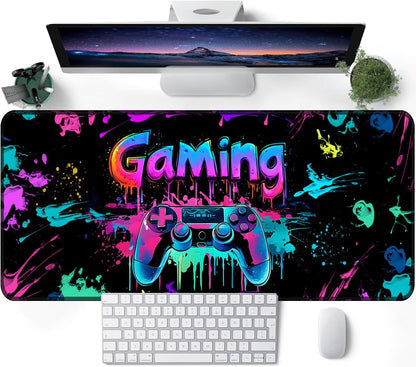 Gaming Mouse Pad, X-Large Waterproof Blacklight Colorful Splatter Art Game Controller Non-Slip Rubber Base Mousemat, Glow in the Dark Desk Mat for Office Home - 31.5" X 11.8"