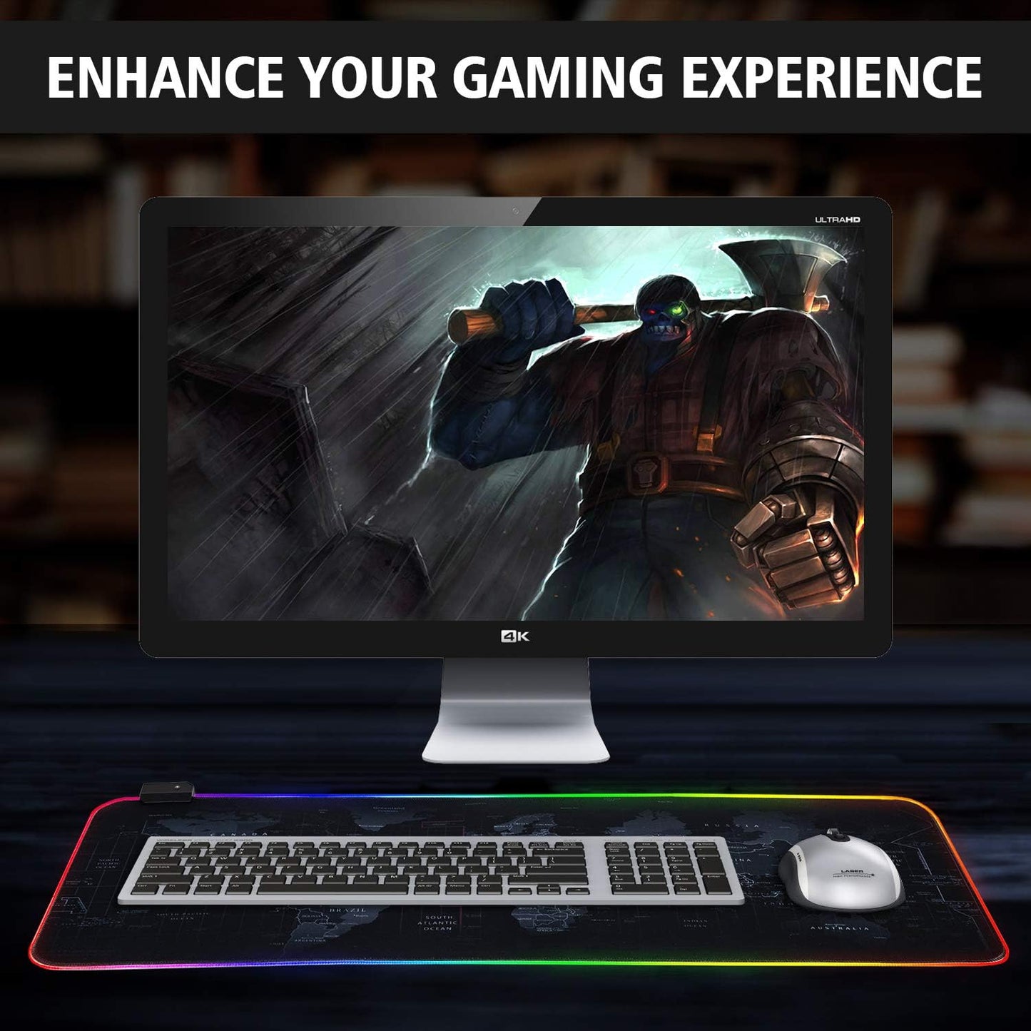RGB Gaming Mouse Pad, Ultra Bright LED Light&Soft Large Extended Mousepad with 12 Lighting Rainbow Modes, Water Resistance, Non-Slip Rubber Base Keyboard Pad Mat, 31.5 X12 Inch (World Map)