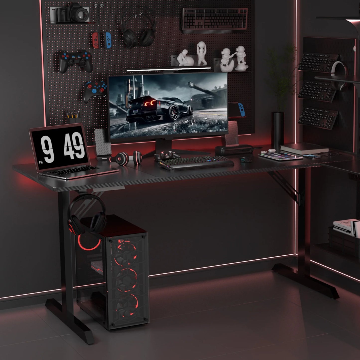 55" Large RGB Sturdy Gaming Desk with Mouse Pad T-Shaped Office Chair Computer Desk Spacious Work Surface Table, Black