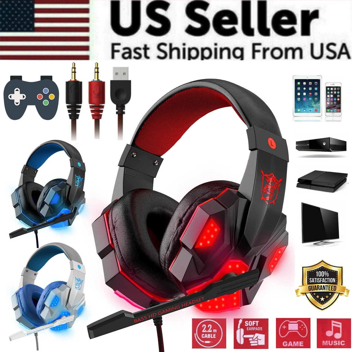 Experience Immersive Gaming with the 3.5mm LED Gaming Headset - Stereo Bass Surround Sound for PC, PS4, and Xbox One
