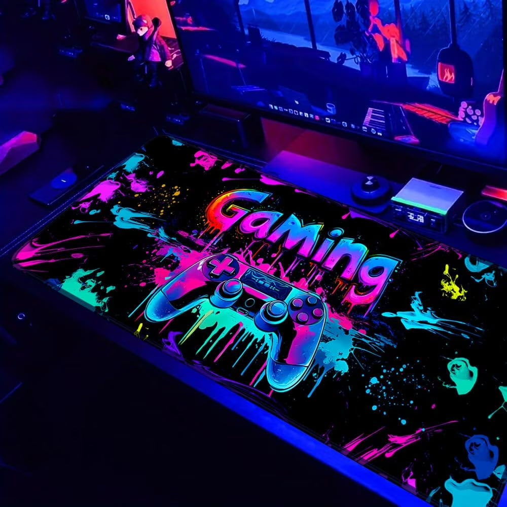 Gaming Mouse Pad, X-Large Waterproof Blacklight Colorful Splatter Art Game Controller Non-Slip Rubber Base Mousemat, Glow in the Dark Desk Mat for Office Home - 31.5" X 11.8"
