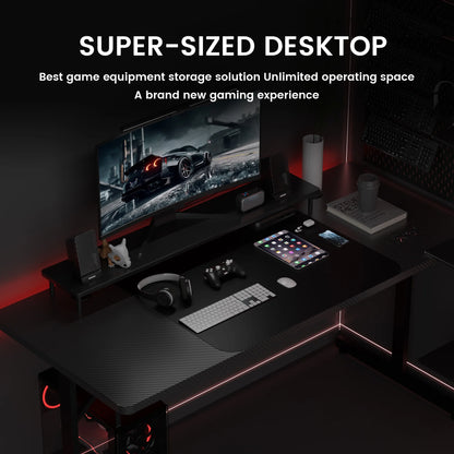 55" Large RGB Sturdy Gaming Desk with Mouse Pad T-Shaped Office Chair Computer Desk Spacious Work Surface Table, Black