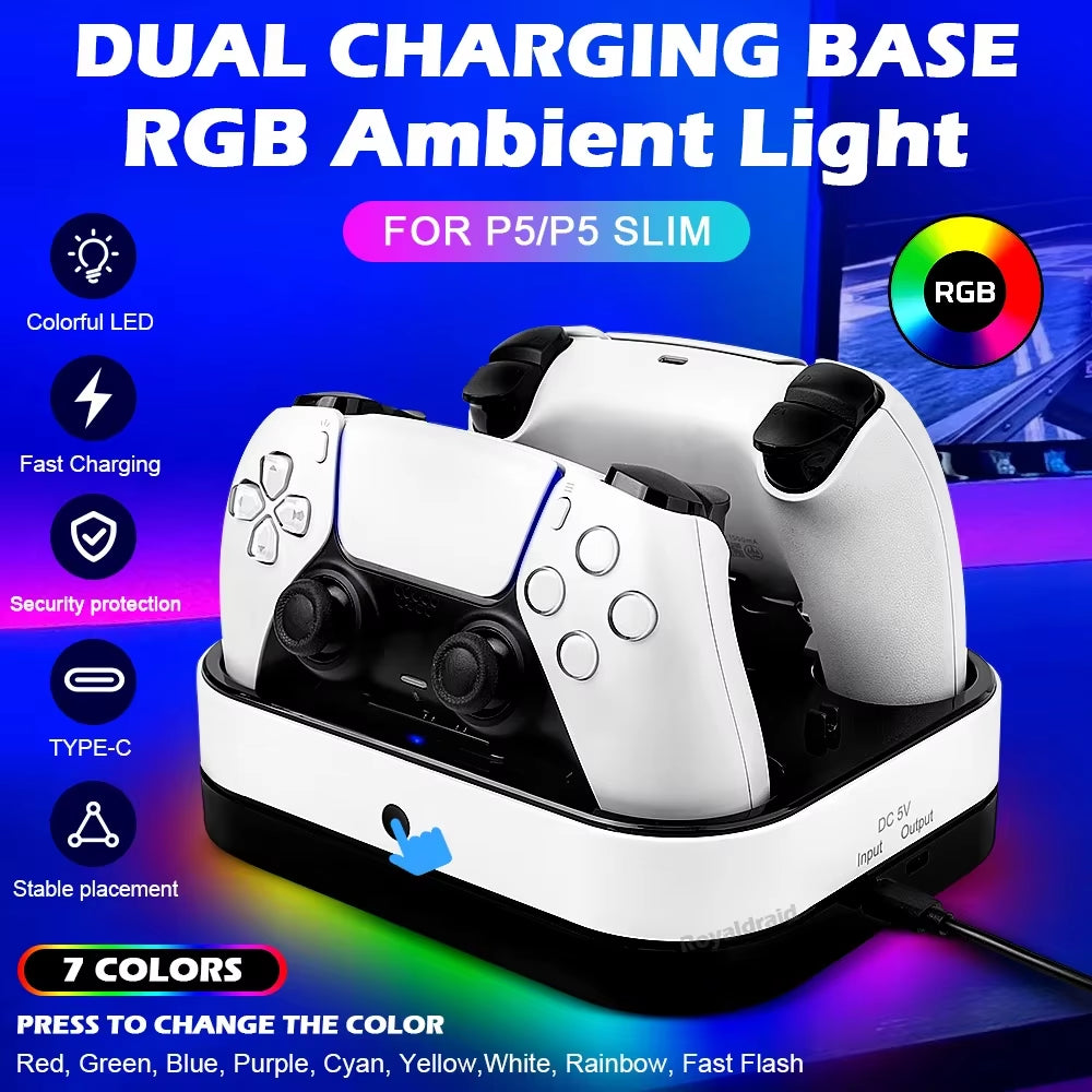 RGB Controller Dual Charging Station for PS5 Dual Fast Charger LED Indicator Charging Stand Base Docking Station for PS5 Gamepad