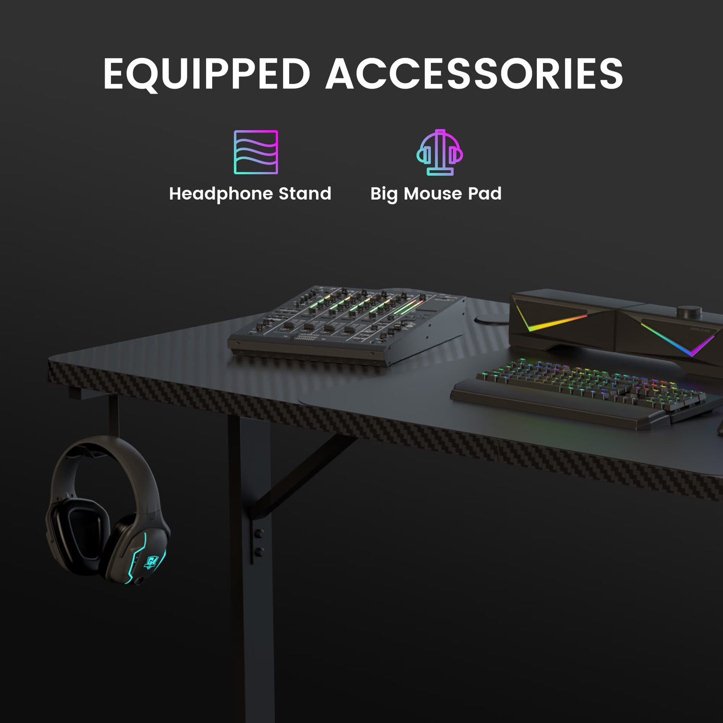 55" Large RGB Sturdy Gaming Desk with Mouse Pad T-Shaped Office Chair Computer Desk Spacious Work Surface Table, Black