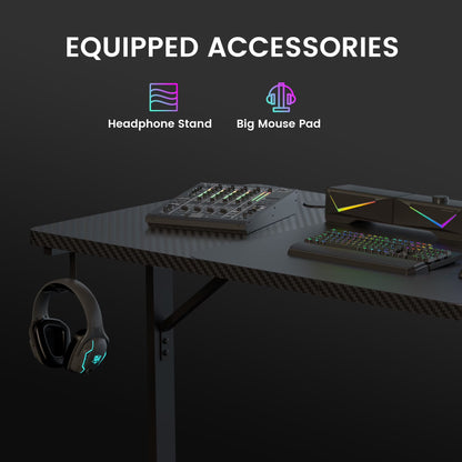 55" Large RGB Sturdy Gaming Desk with Mouse Pad T-Shaped Office Chair Computer Desk Spacious Work Surface Table, Black