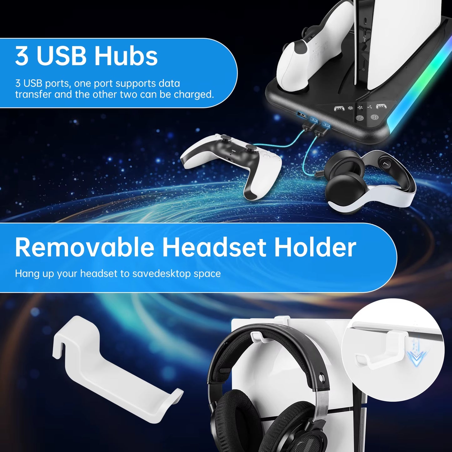 For PS5/PS5 Slim Cooling Stand with RGB Light Fan for PS5 Console Disc&Digital Editions for PS5 with 3 Levels Cooling Fan