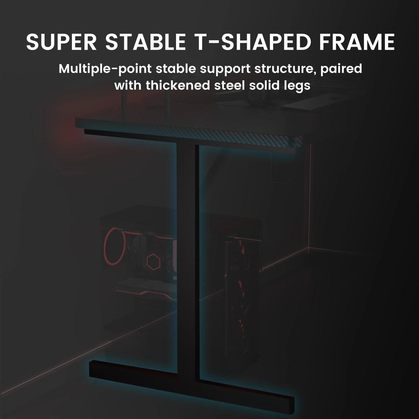55" Large RGB Sturdy Gaming Desk with Mouse Pad T-Shaped Office Chair Computer Desk Spacious Work Surface Table, Black