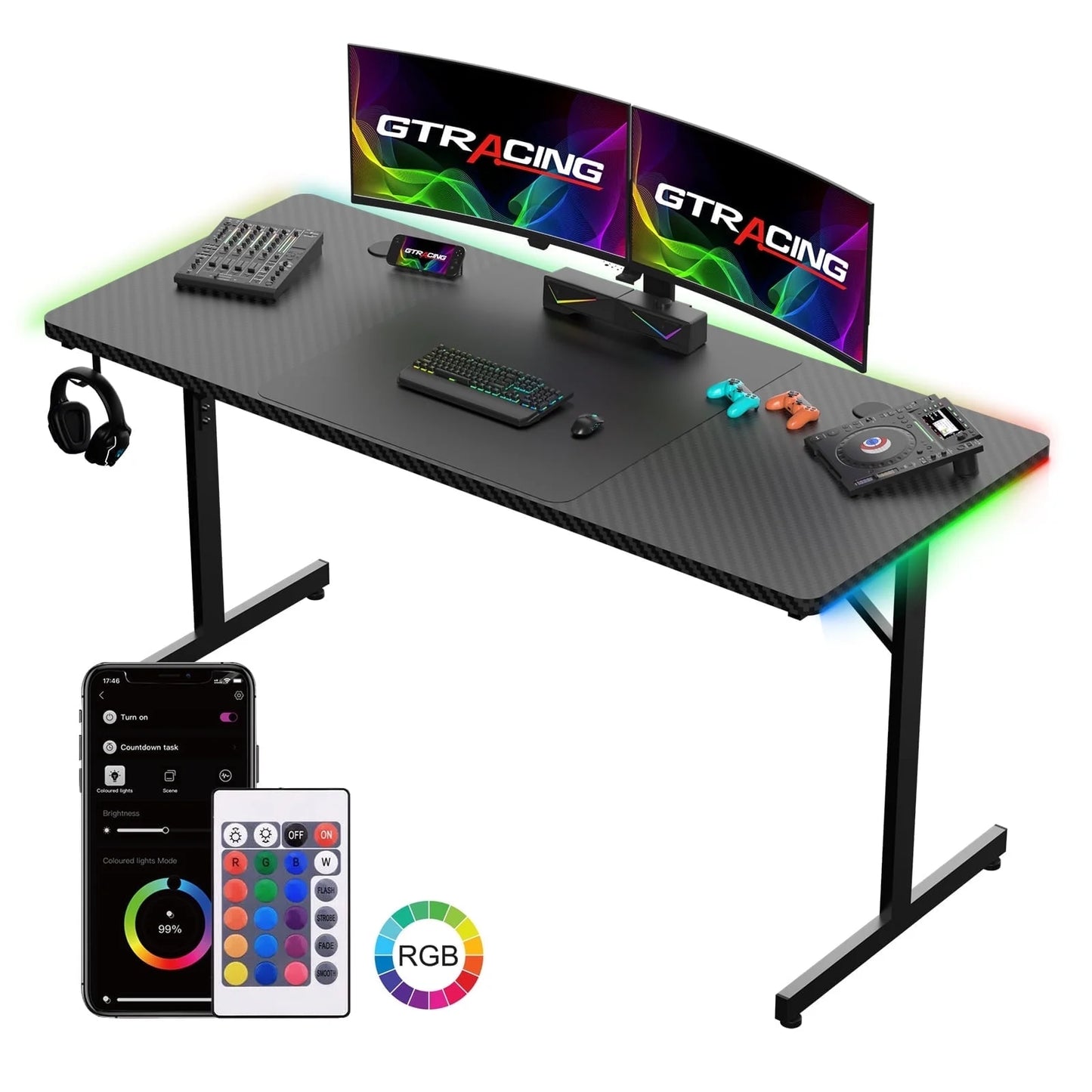 55" Large RGB Sturdy Gaming Desk with Mouse Pad T-Shaped Office Chair Computer Desk Spacious Work Surface Table, Black