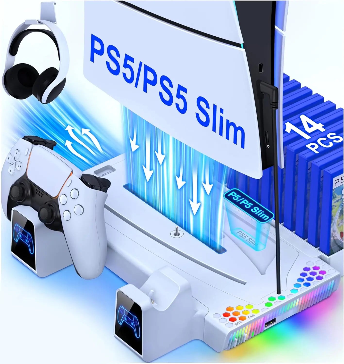 Multifuctional Cooling&Charging Station DZ505A for PS5 Digital&Disc/Ps5 Slim with 2 Charging Ports, 3 Speed Cooler Fan