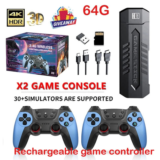 X2 Retro Game Stick 4K Video Game Console 40000+ Games,30+ Emulators,Hd Output 2 Wireless Controllers,Plug and Play,Tv/Computer