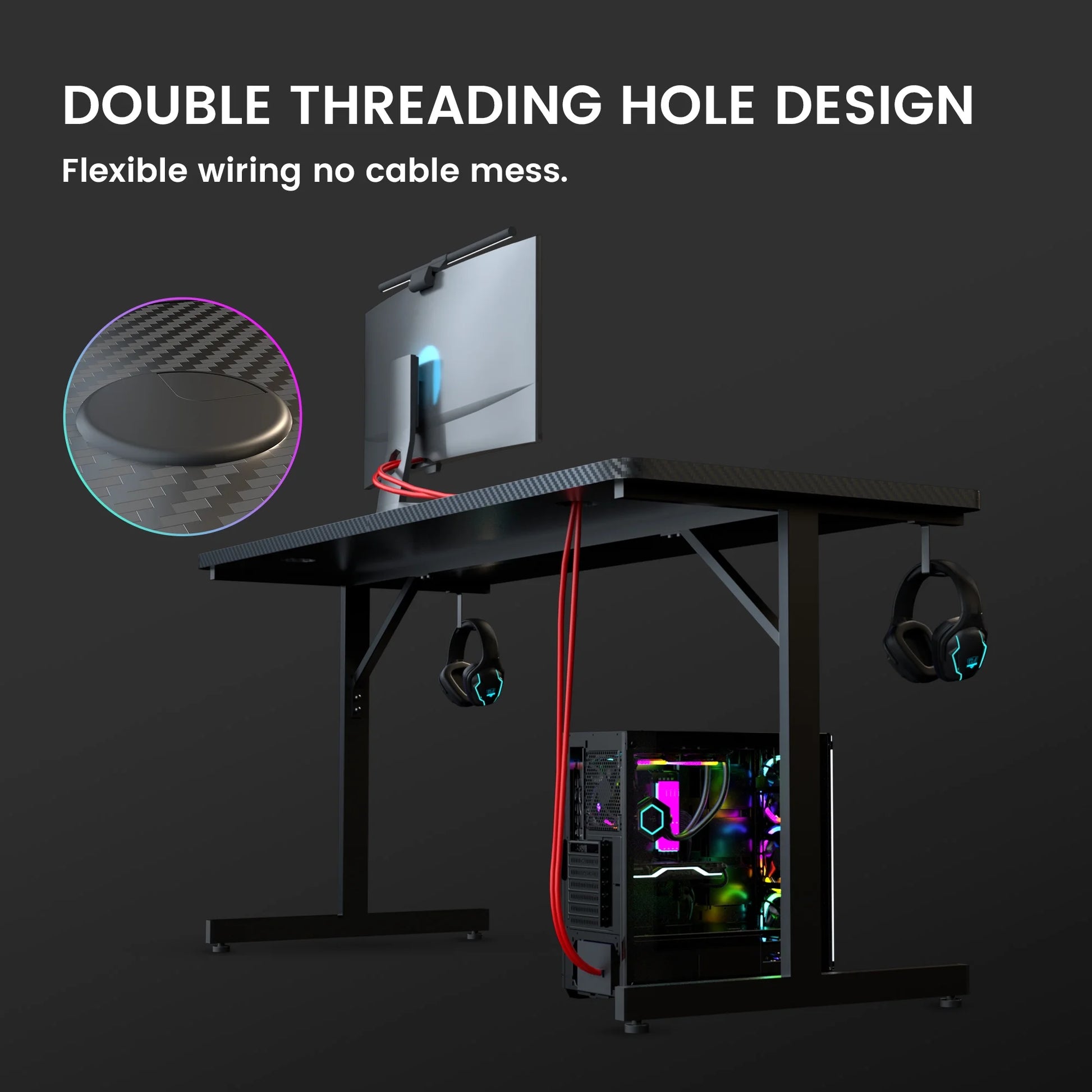 55" Large RGB Sturdy Gaming Desk with Mouse Pad T-Shaped Office Chair Computer Desk Spacious Work Surface Table, Black