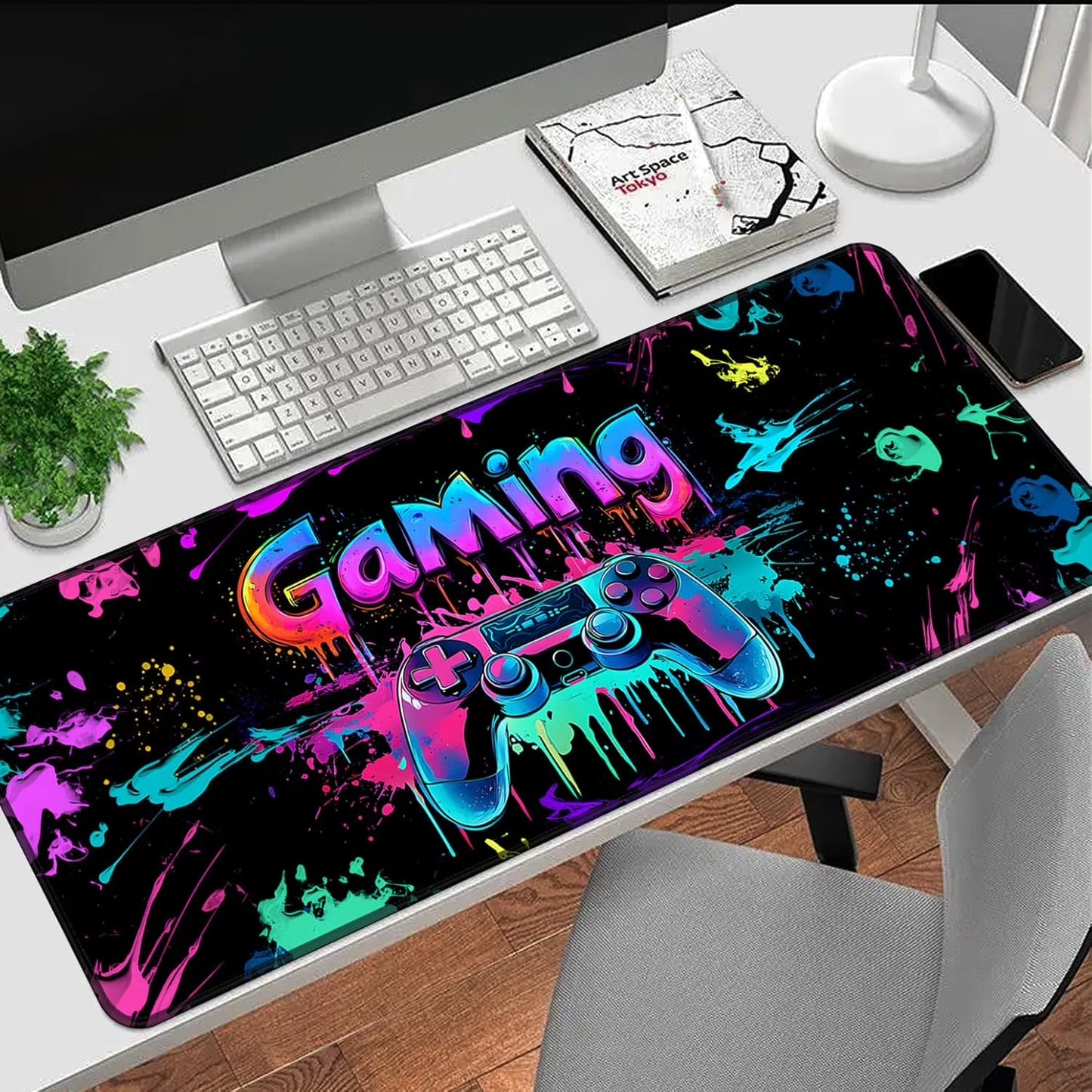 Gaming Mouse Pad, X-Large Waterproof Blacklight Colorful Splatter Art Game Controller Non-Slip Rubber Base Mousemat, Glow in the Dark Desk Mat for Office Home - 31.5" X 11.8"