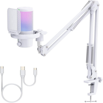 VM1 White Gaming PC USB Microphone Condenser Mic with Noise Cancellation Mute RGB Light, Computer Accessories Gifts for Gamer Youtube Twitch Podcast Streaming Recording Online Chat PS4 PS5