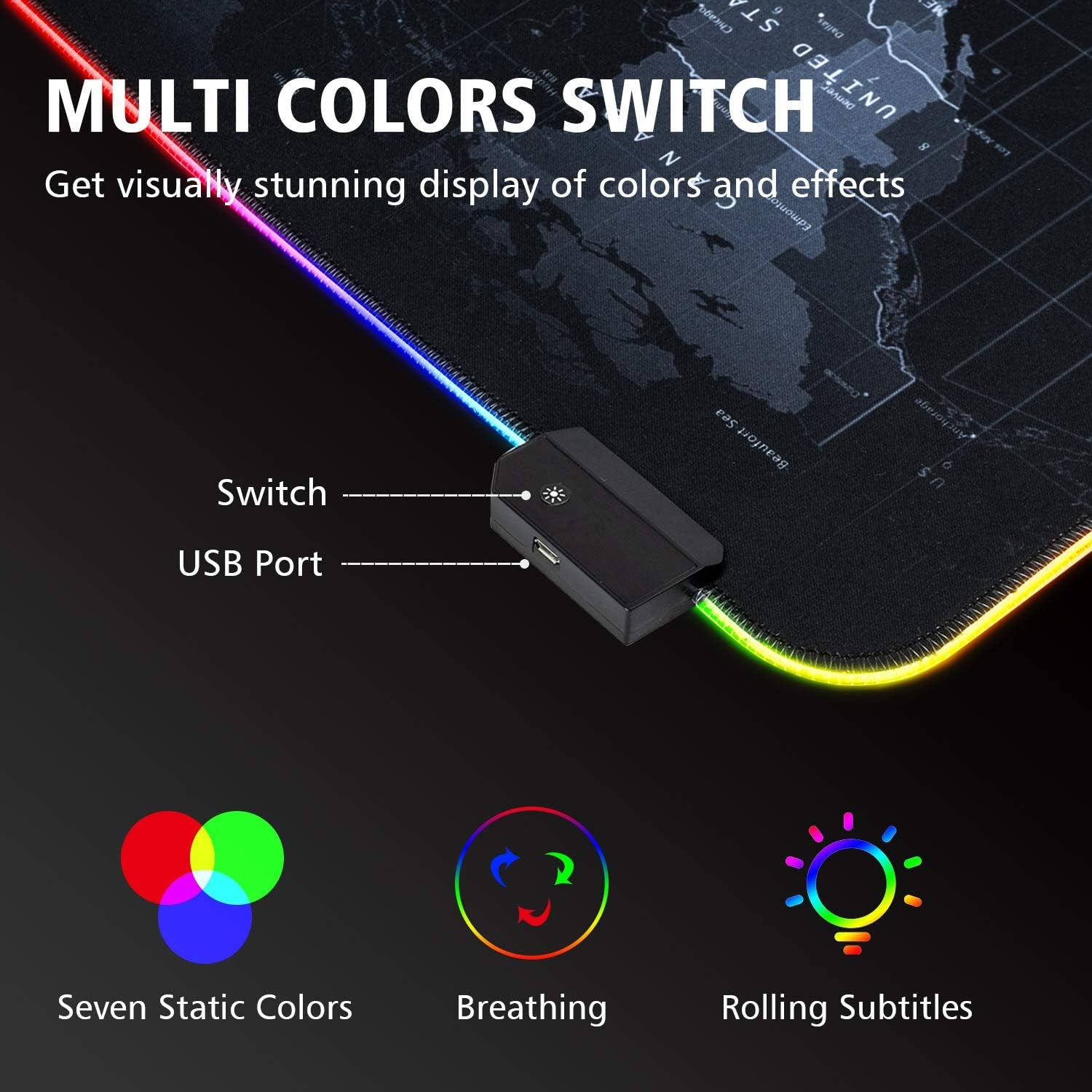 RGB Gaming Mouse Pad, Ultra Bright LED Light&Soft Large Extended Mousepad with 12 Lighting Rainbow Modes, Water Resistance, Non-Slip Rubber Base Keyboard Pad Mat, 31.5 X12 Inch (World Map)